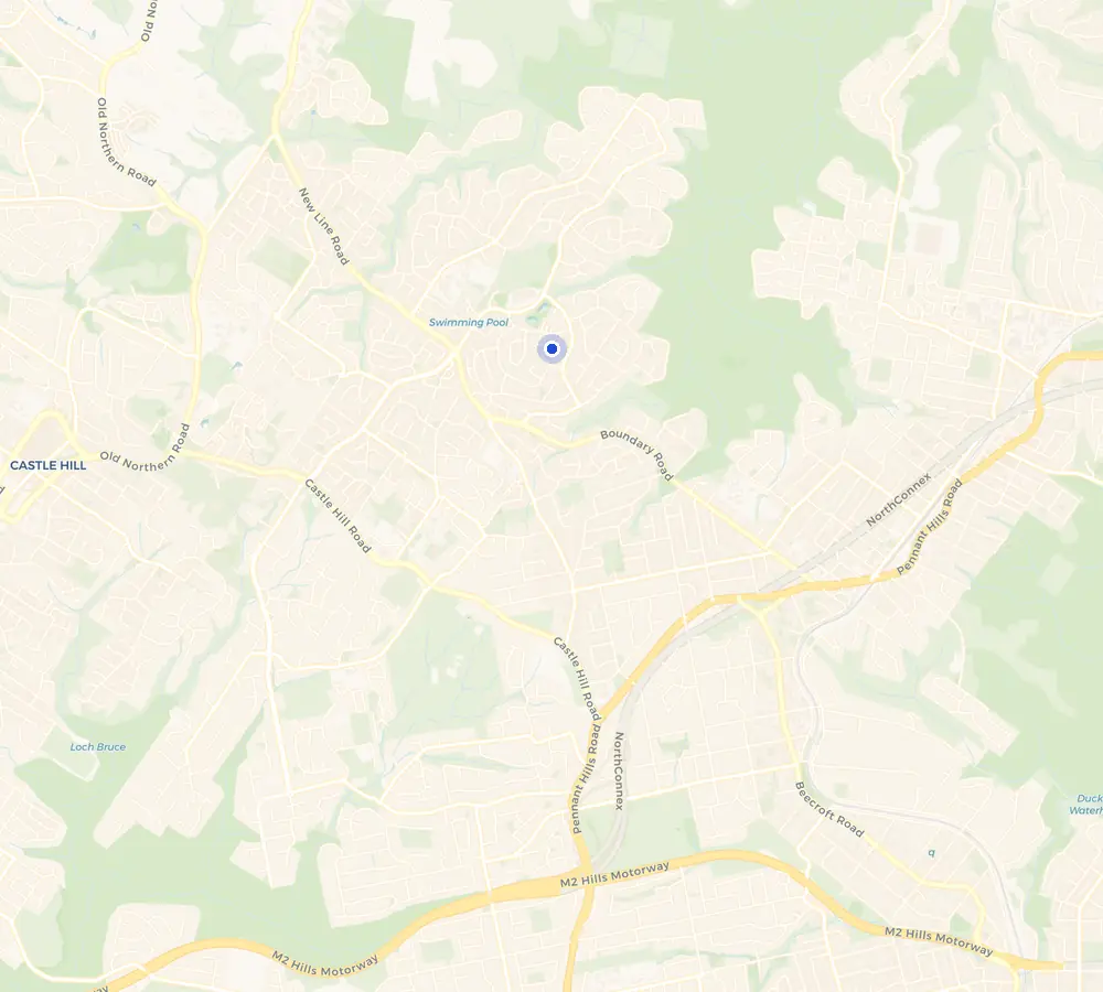 Map of the Cherrybrook service area and the surrounding Hills District, showing Cherrybrook and the nearby streets we cover.
