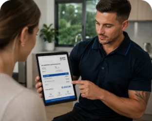 Plumber showing a Cherrybrook customer the quote on a tablet